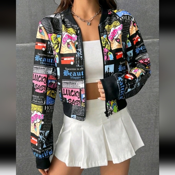 Jackets & Blazers - Slogan Graphic Zip Up Bomber Jacket